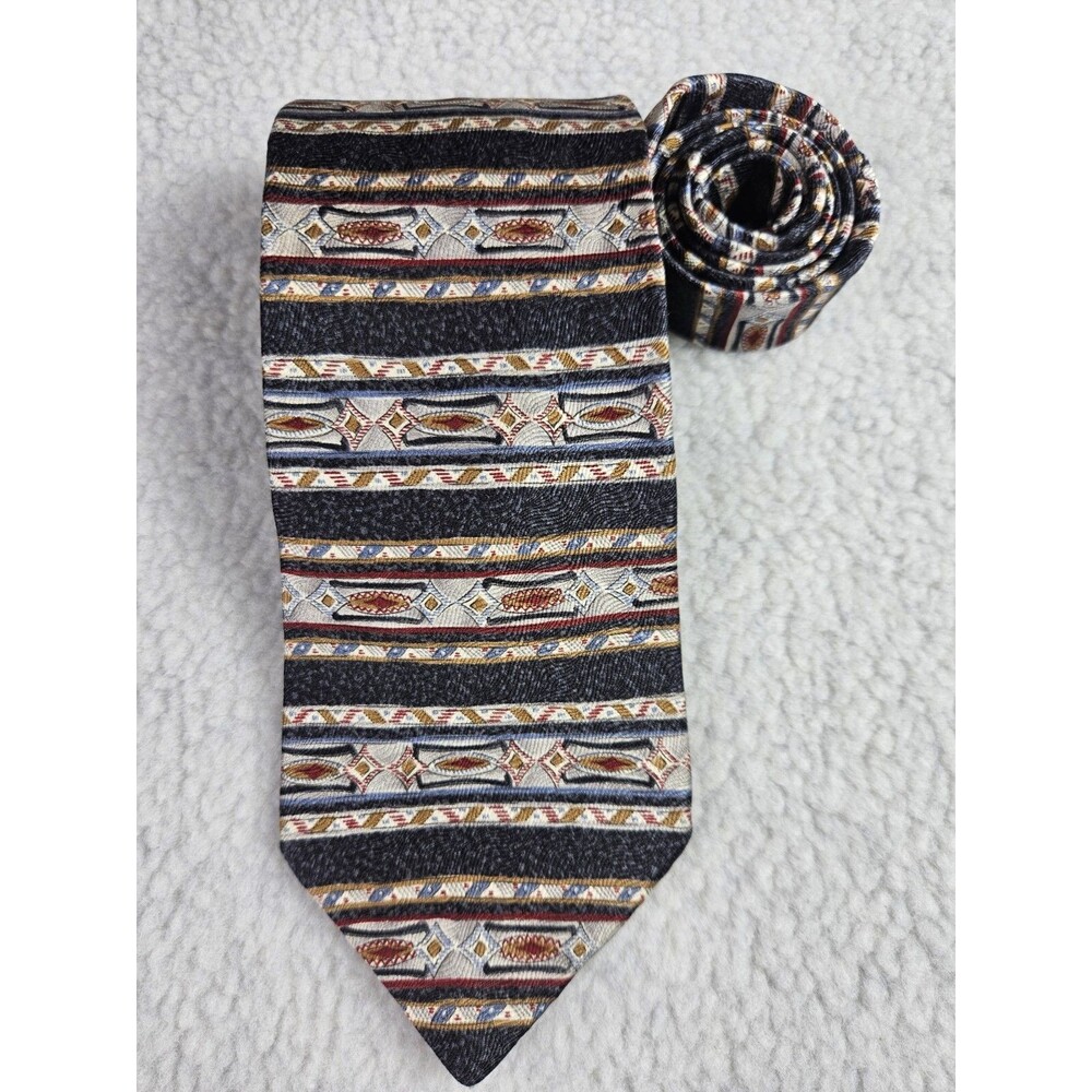 Geoffrey Beene Mens Neck Tie 100% Silk Made In USA Geometric Striped 61" x 3.75"
